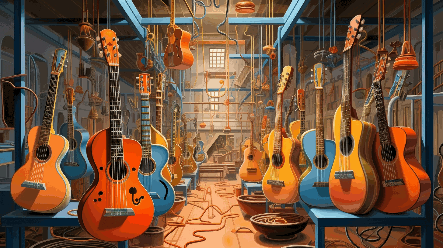 Artistic classical guitar factory showing what classical guitar strings are made of