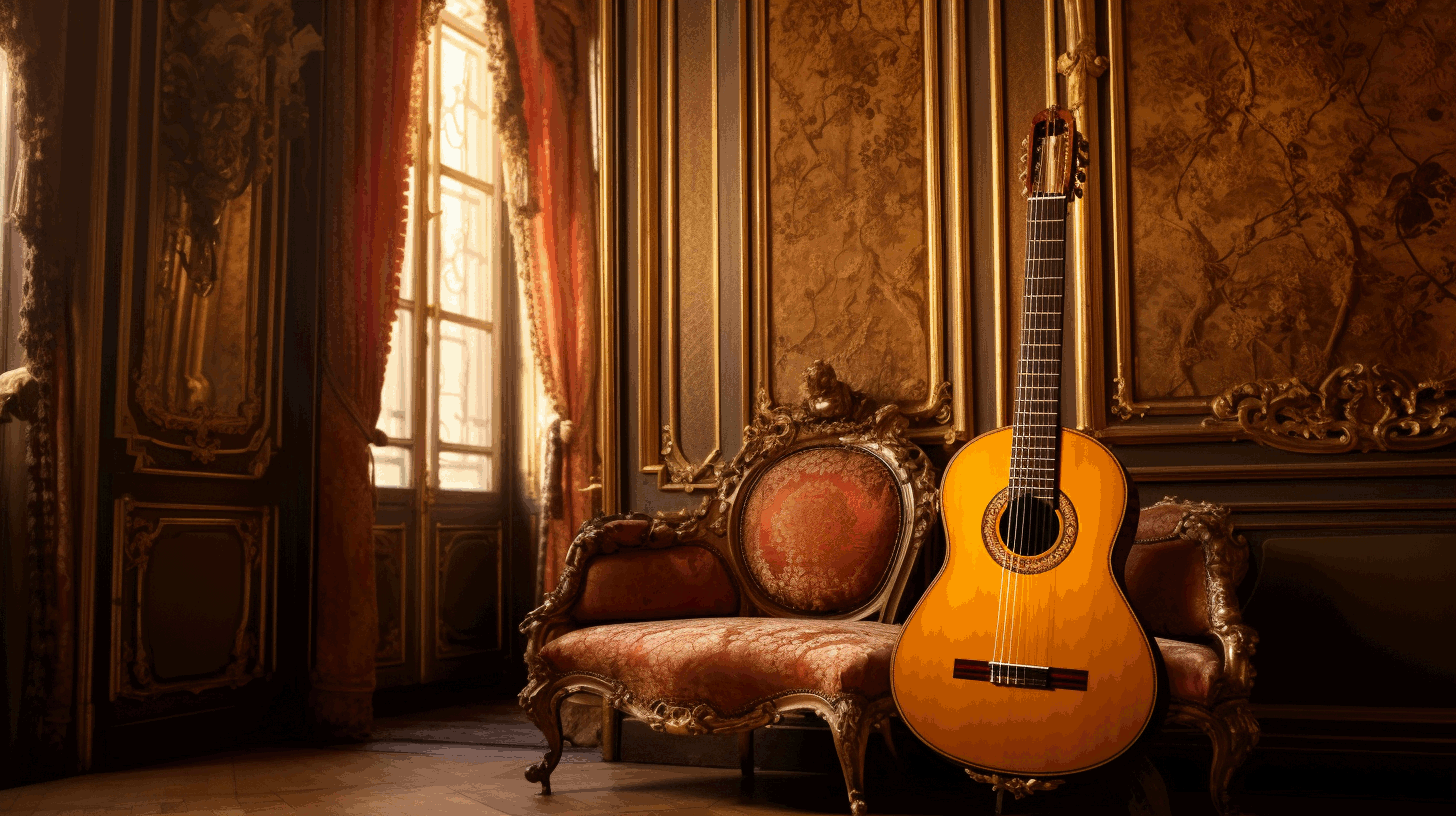A guitar with classical strings in a baroque room