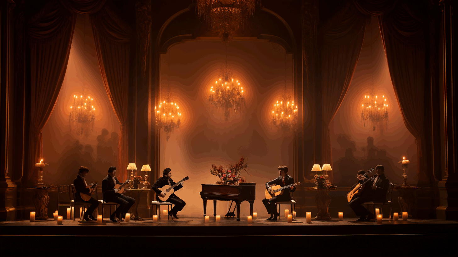 An artistic representation of classical guitar history with multiple players on a stage