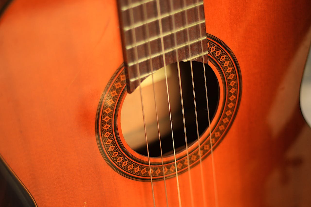 Close up of a classical guitar sound hole