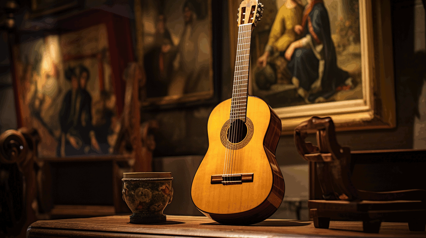 An artistic image of a classical guitar with composer paintings in the background