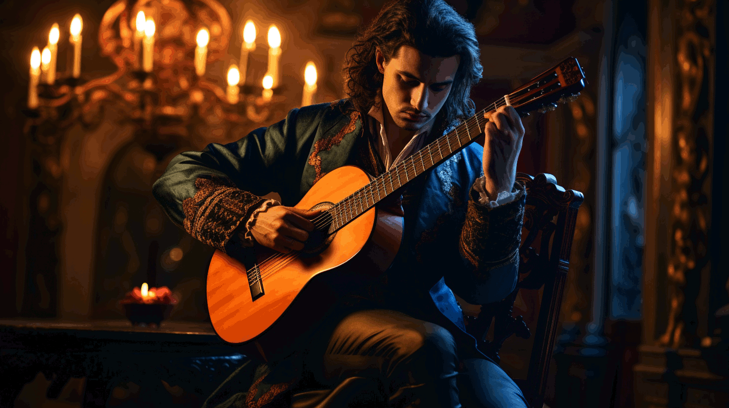A classical guitarist playing a guitar under $1,000 in a baroque room