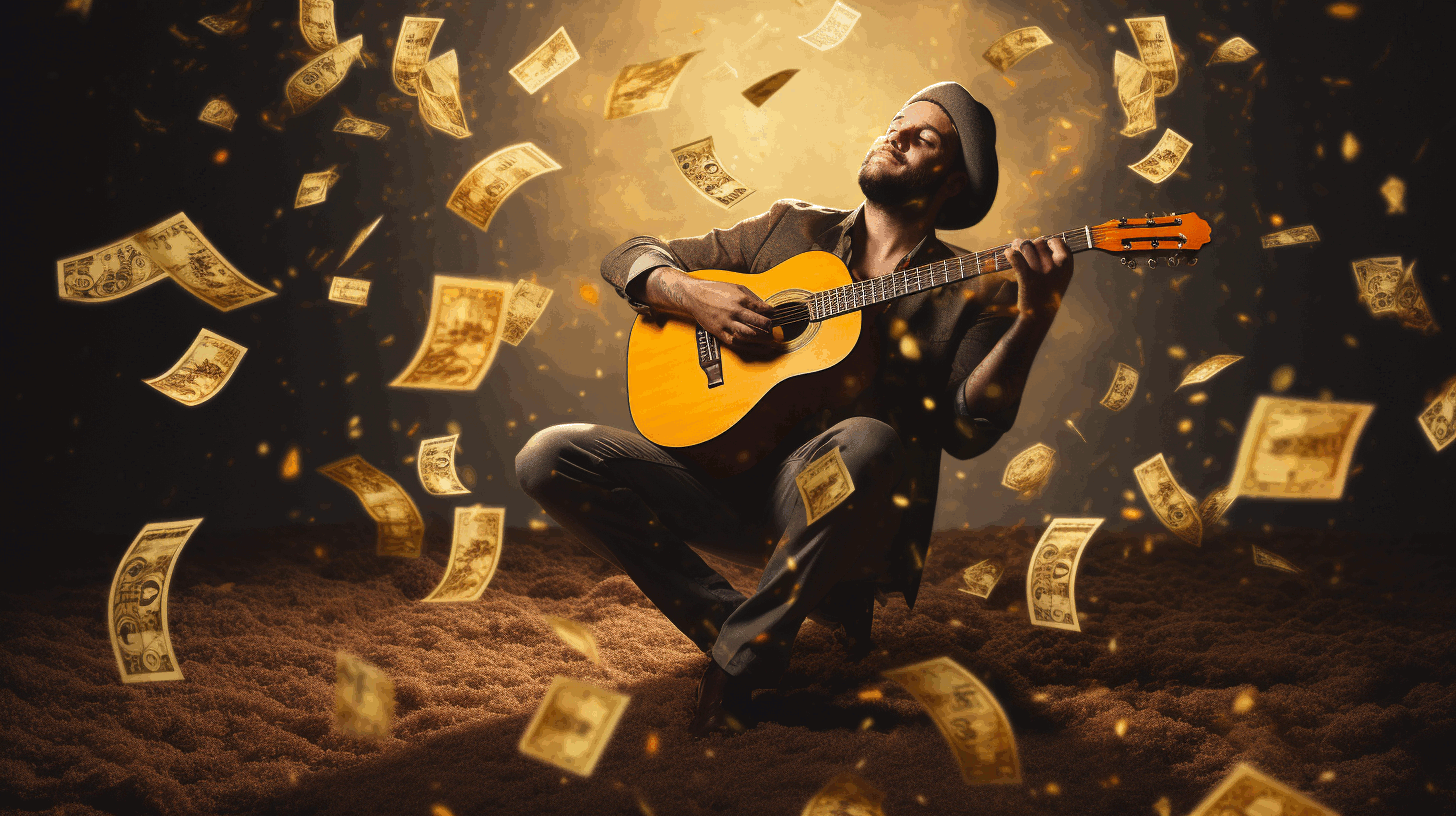 A classical guitarist surrounded by money