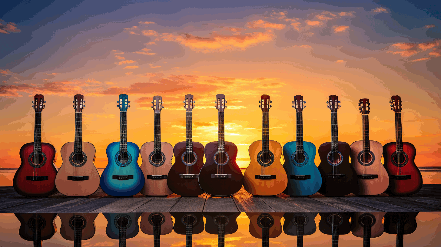 A variety of colorful classical guitars on the beach
