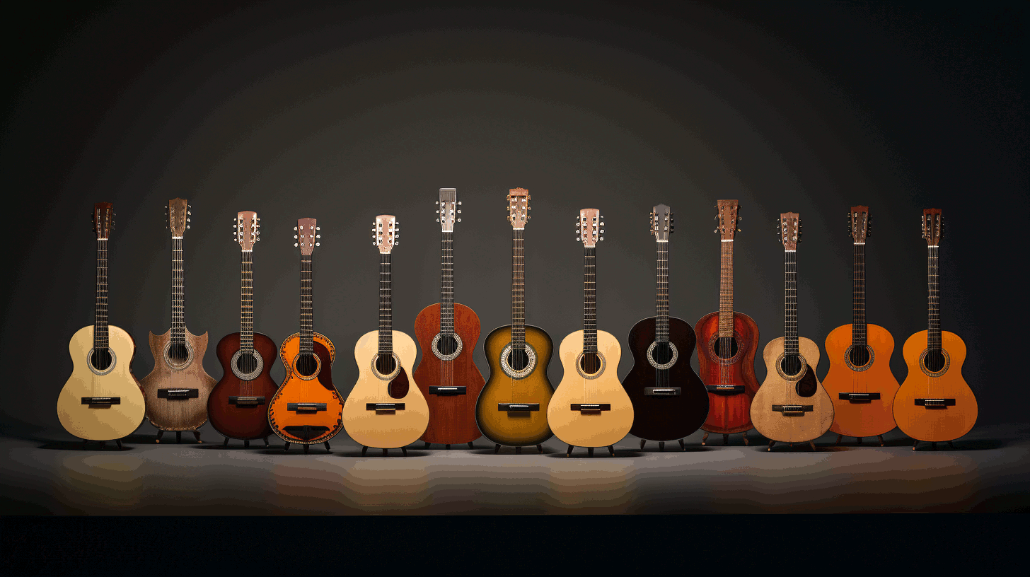 Artistic photo of guitar evolution with multiple different types of guitars