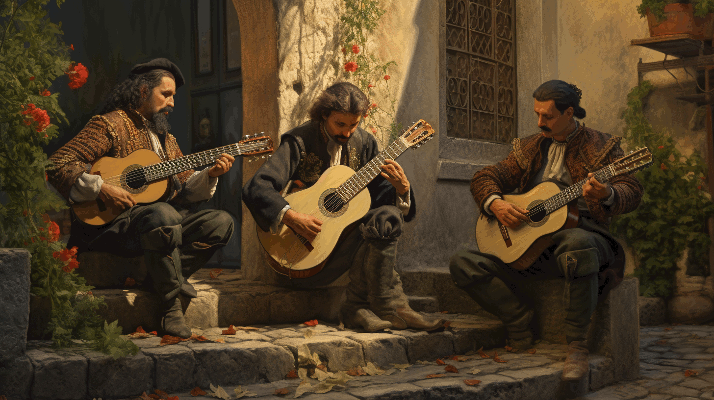 Artistic representation of three guitarists in ancient Spain