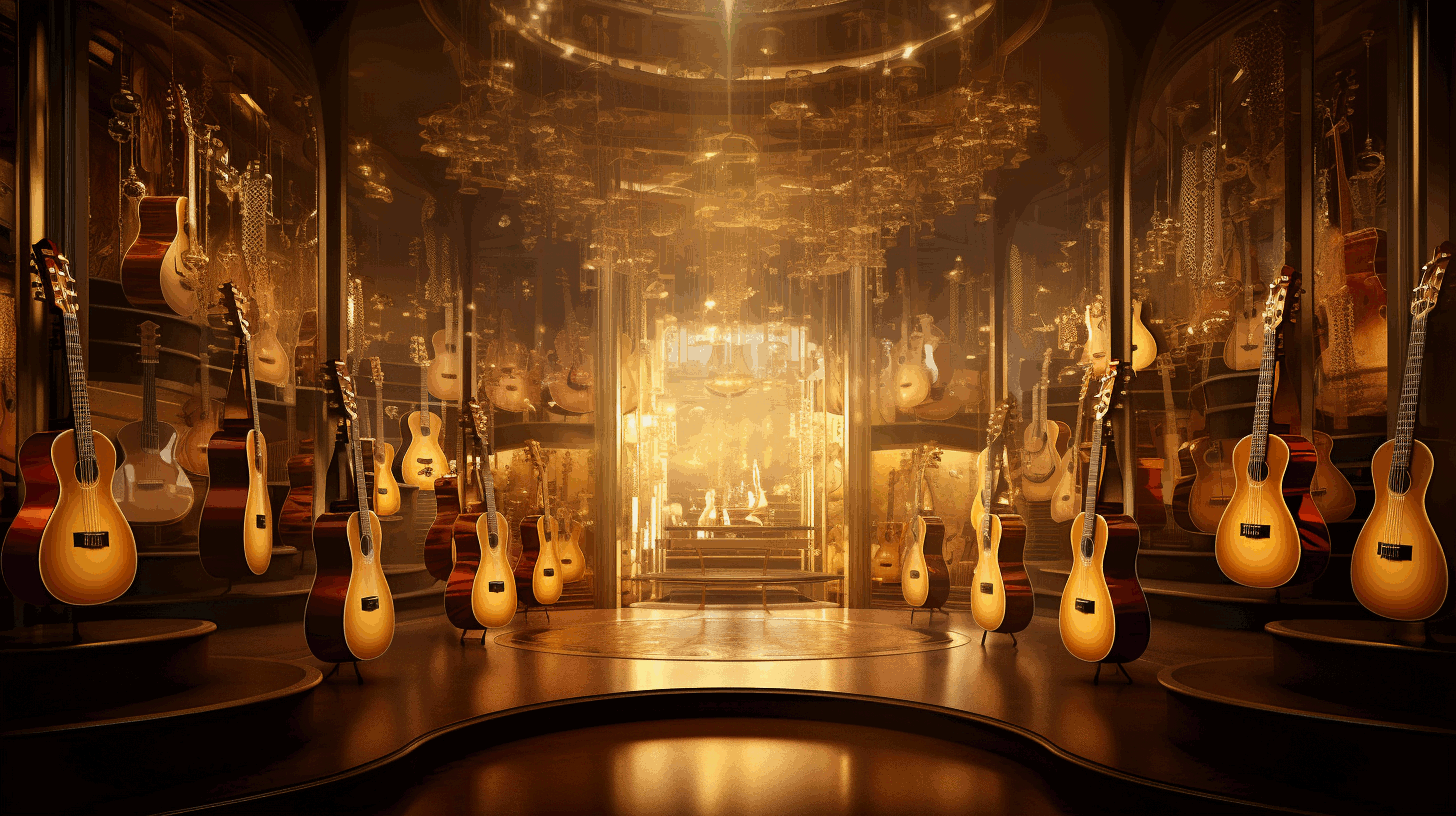 Music shop with many instruments showing differences between classical and acoustic guitars