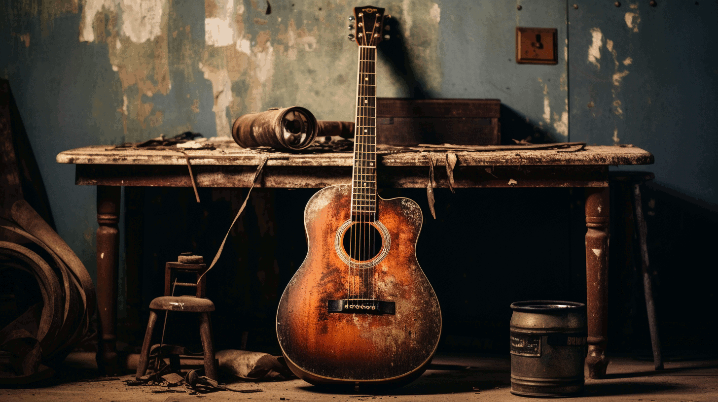 An old guitar with corroded strings that could cut fingers