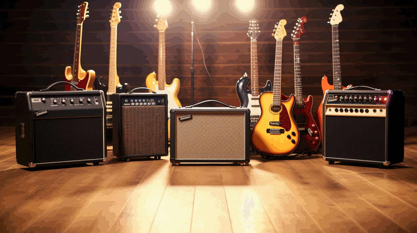 Practice amps and guitars in a room with wood floors