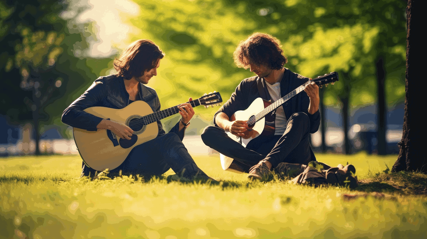 Two guitarists practicing fingerstyle guitar outside