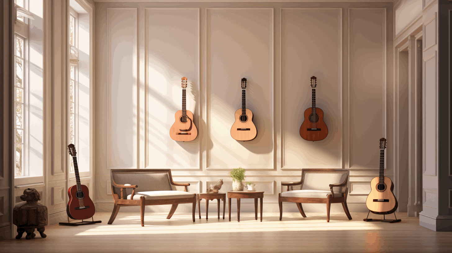 A white room with classical guitars on the wall that have pickups