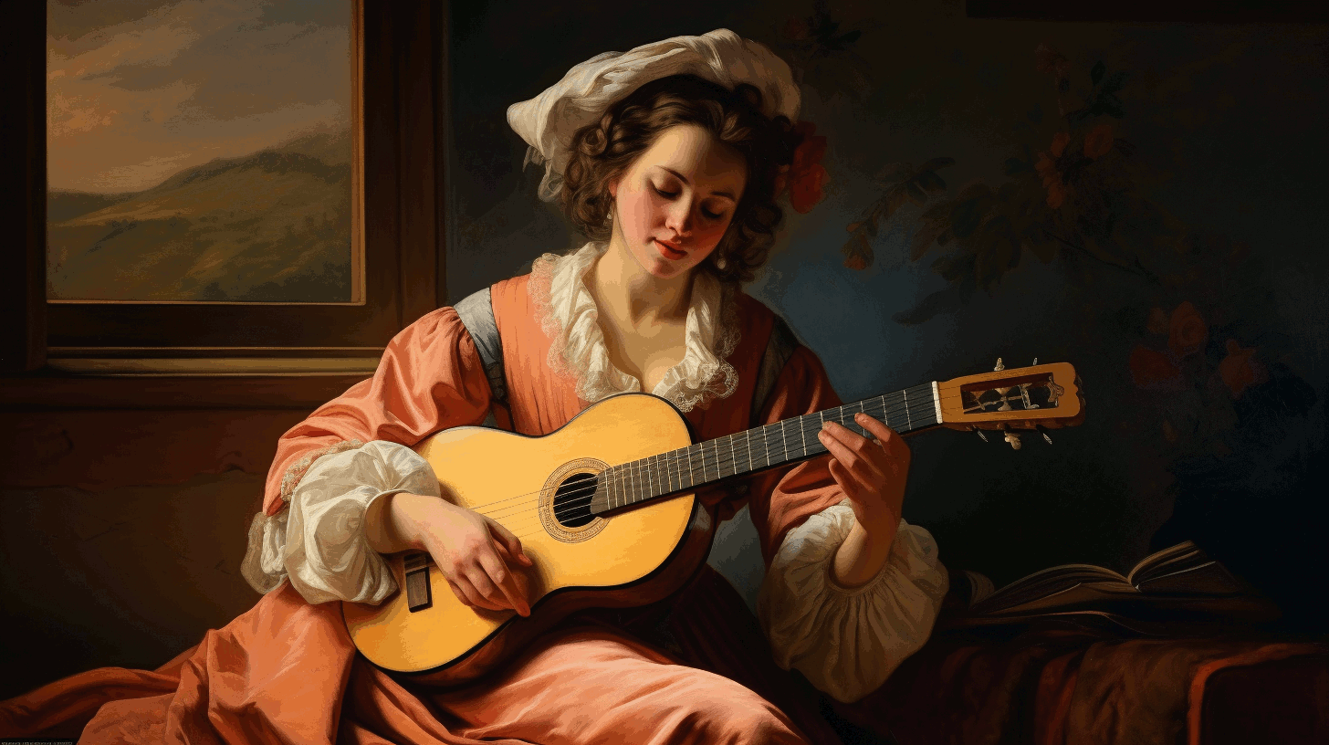 A woman in the romantic era composing guitar