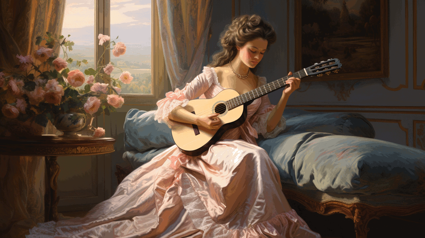 A leading woman playing classical guitar in the romantic era