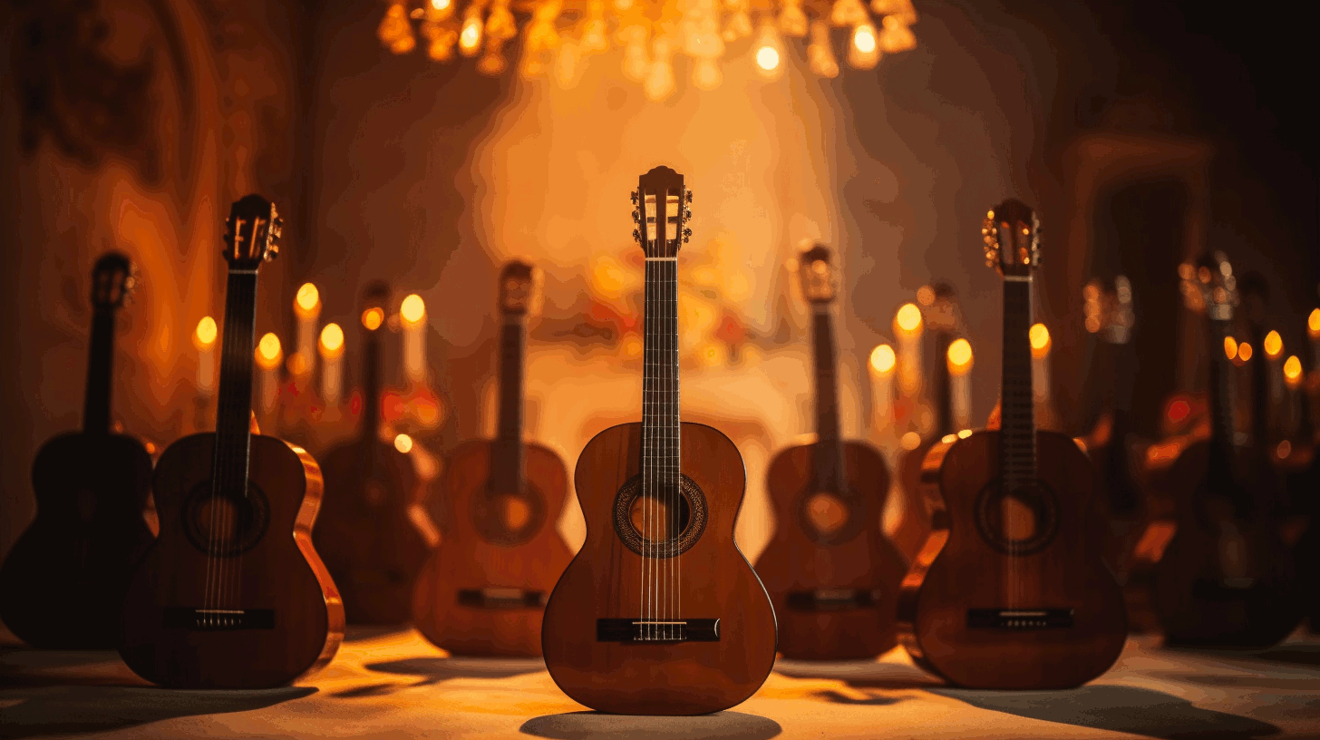 Beginner classical guitars on a stage in a music hall