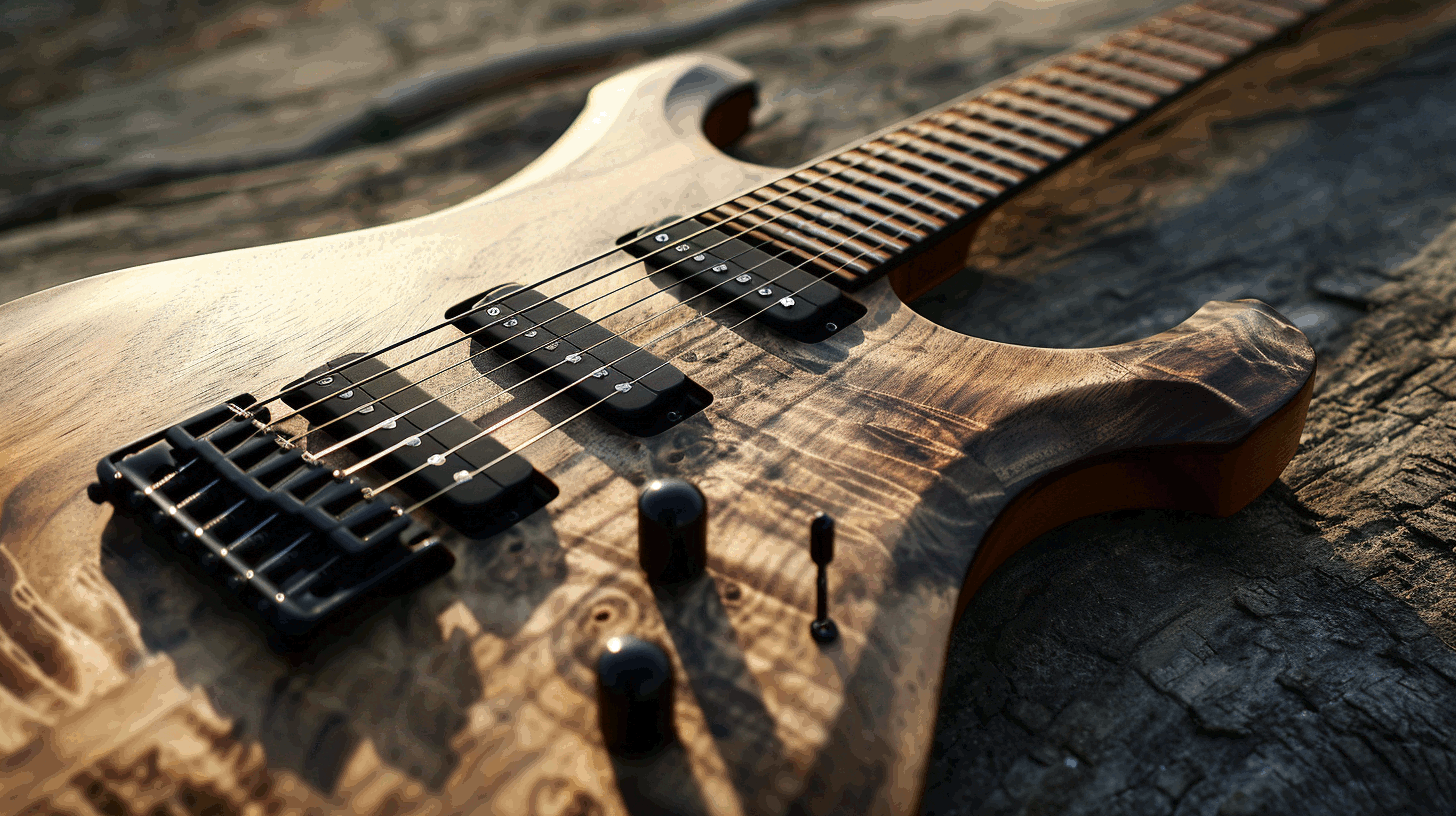 A 7-string guitar with exotic wood on top of a wood table