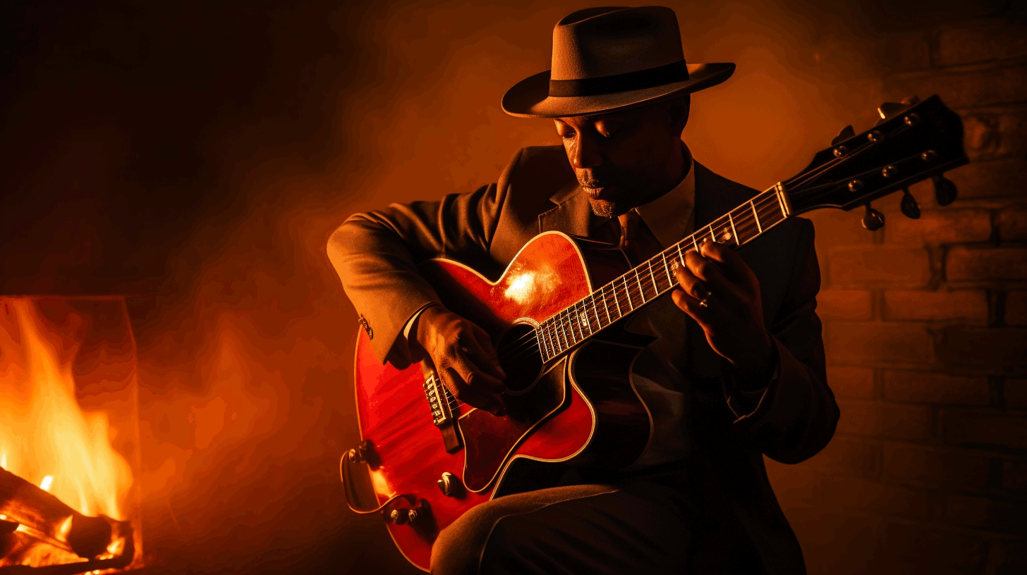 Artistic image of Wes Montgomery playing guitar at night