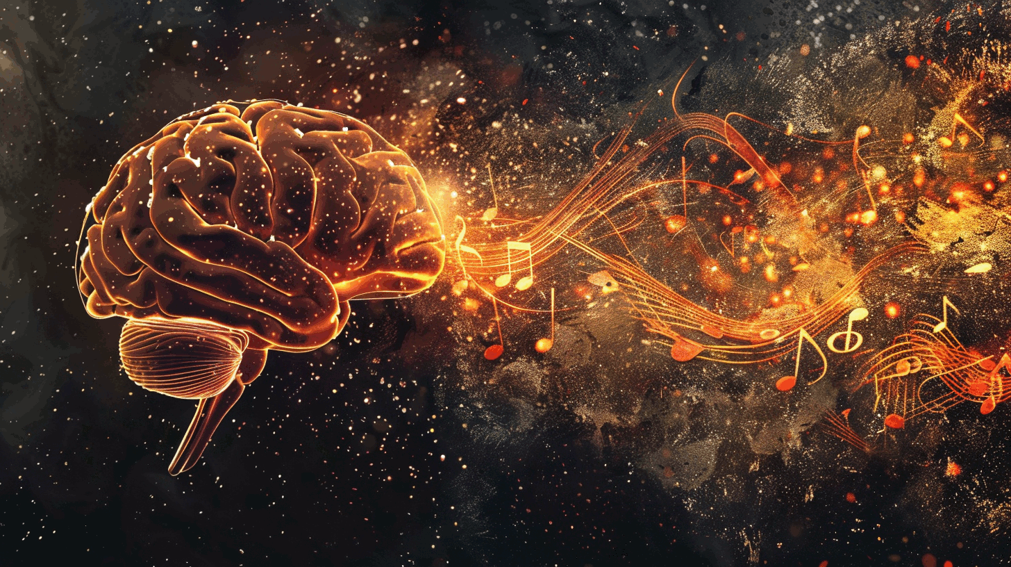 An image of a sci-fi brain and music notes in space