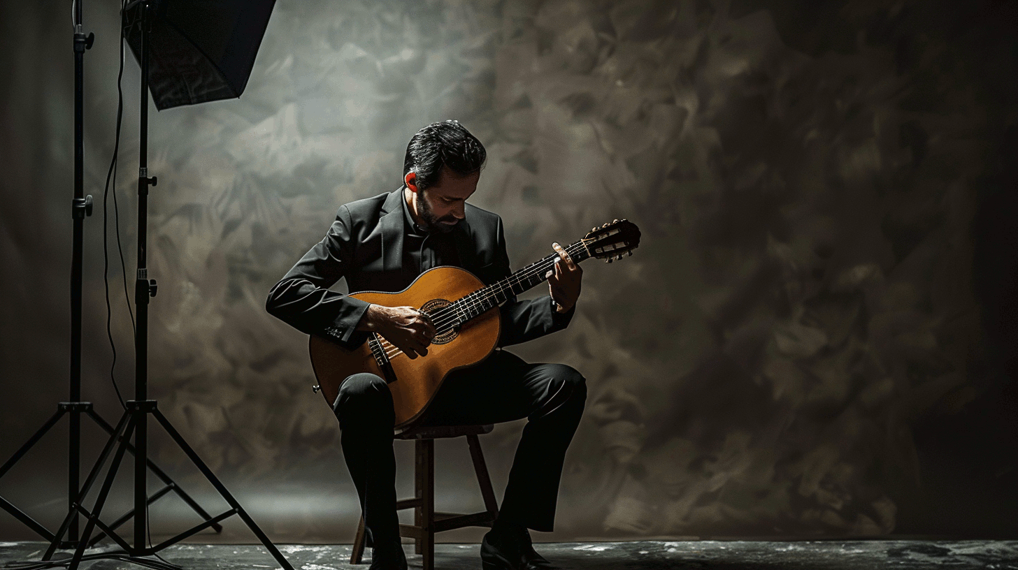 A classical guitarist in a dark photo studio performing