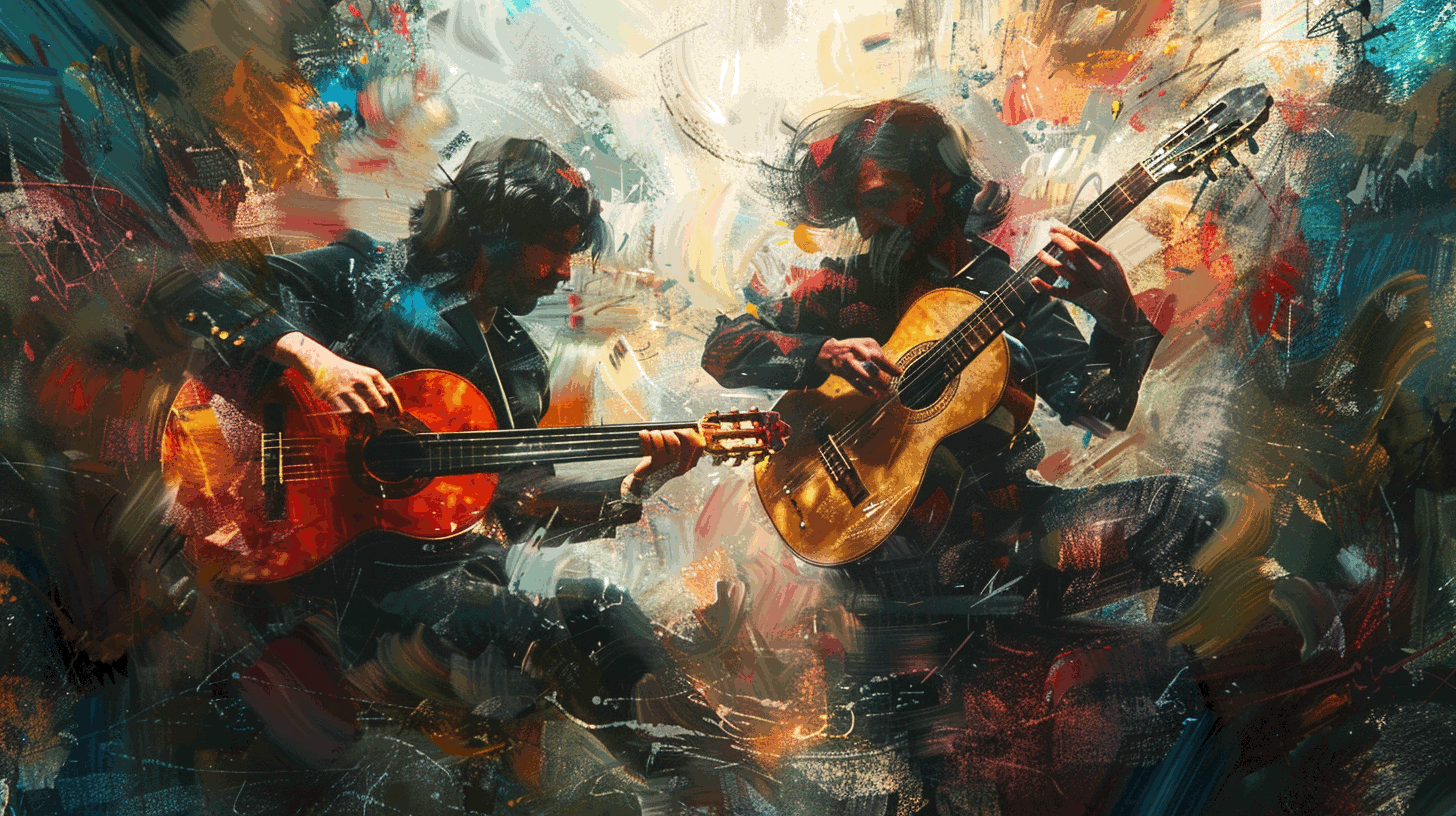 Two guitarists playing classical and flamenco guitar in digital art style