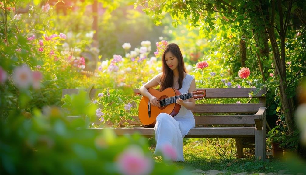A classical guitarist playing rest strokes in a garden