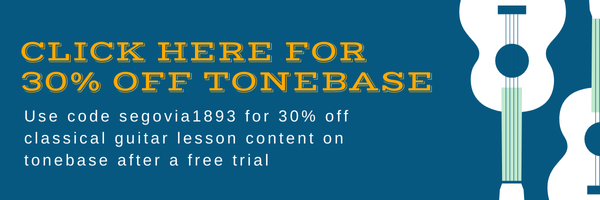 A banner for a discount on tonebase classical guitar online lessons