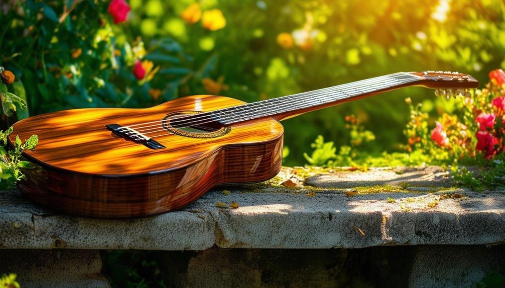 A classical guitar in a garden