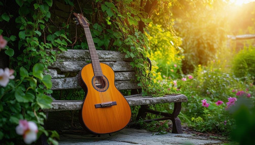 A classical guitar on a bench in a garden