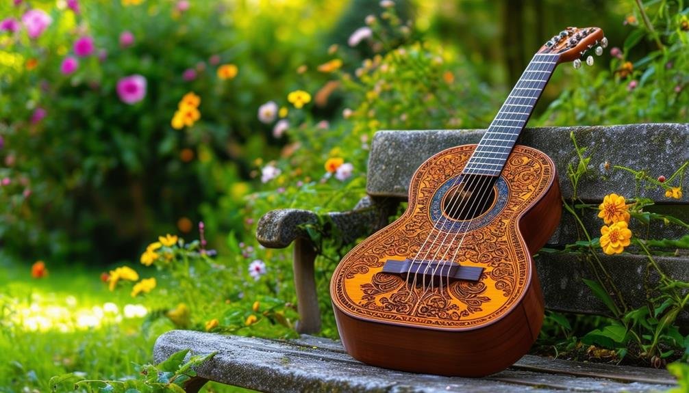 A baroque classical guitar in a garden