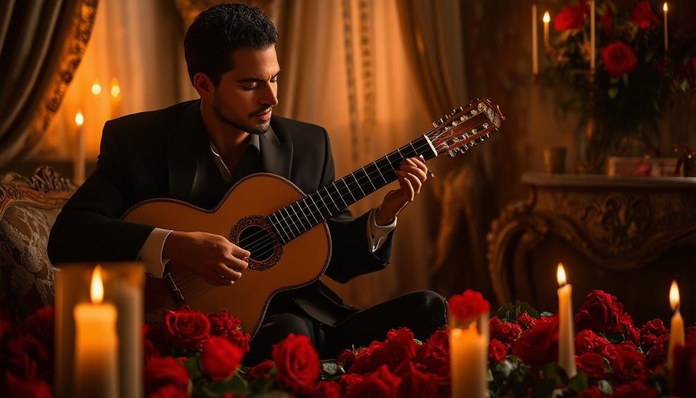 A classical guitarist in a romantic room playing legato
