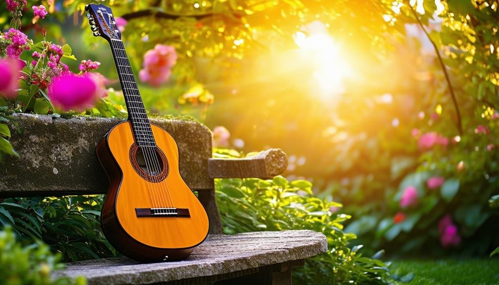 A classical guitar in a garden with sunlight