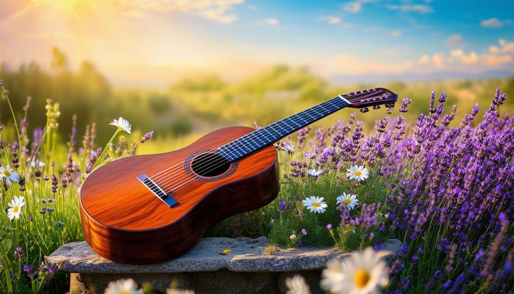 A classical guitar in a field